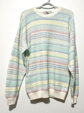Mens VTG Pastel Sweater Crewneck M 3D Knit Preppy Frat Ivy League Country Club